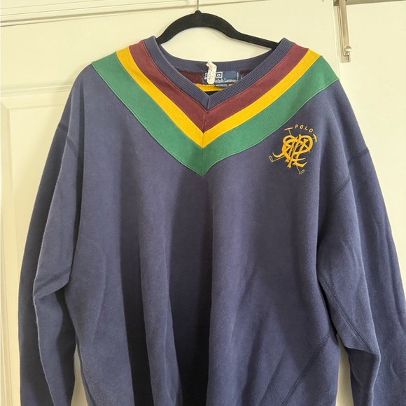 Polo by Ralph Lauren Men's Blue Sweater - Vintage Scribble V neck